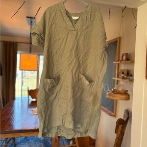 Olive Green V-Neck Linen Dress
